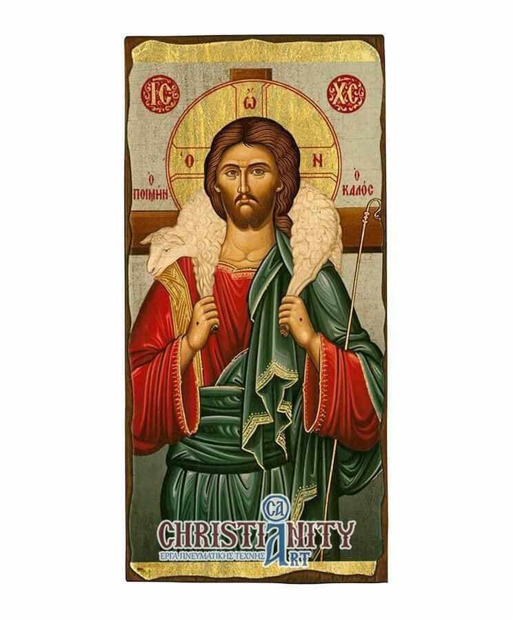Christ Good Shepherd - Wooden aged image on canvas with golden background - Mount Athos — Paintings from Christianity Art