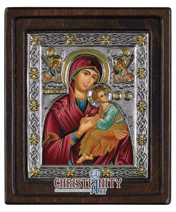 Virgin Mary of Passion - Silver image in wood, locally gilded - Mount Athos — Wall reliefs from Christianity Art