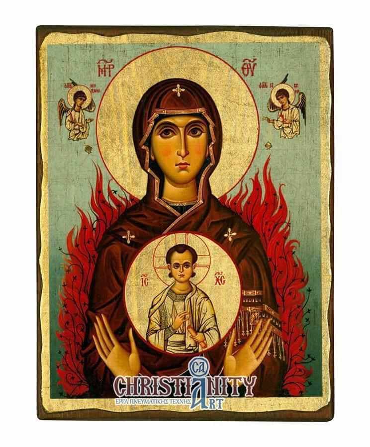 Our Lady Burning Vatos - Wooden aged image on canvas with golden background - Mount Athos — Paintings from Christianity Art