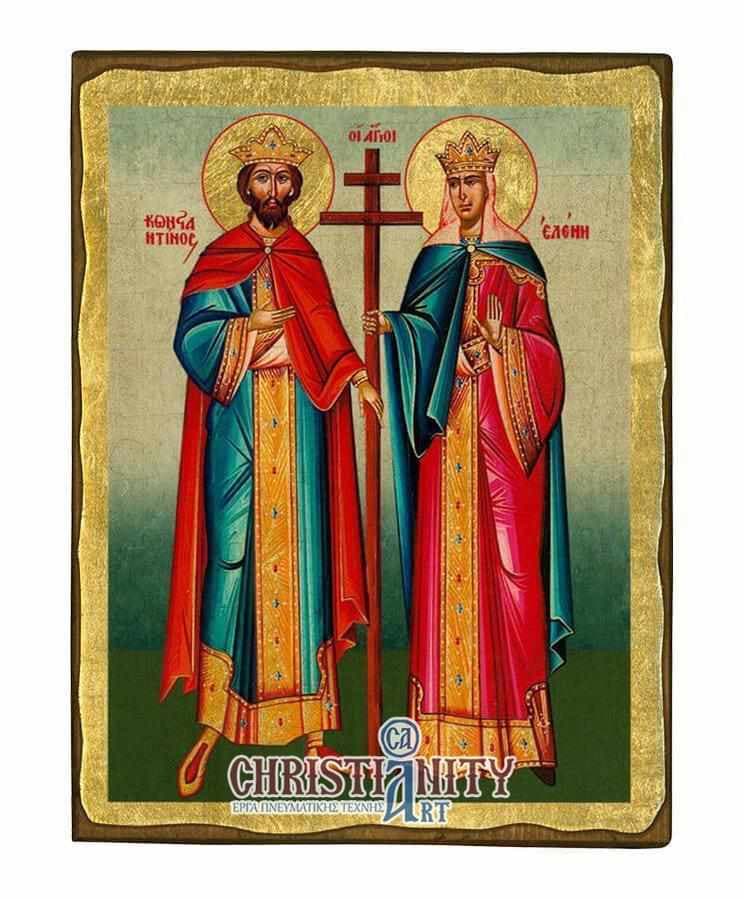 Saint Constantine and Saint Helen - Aged wooden picture on canvas with gold background - Mount Athos — Paintings from Christianity Art