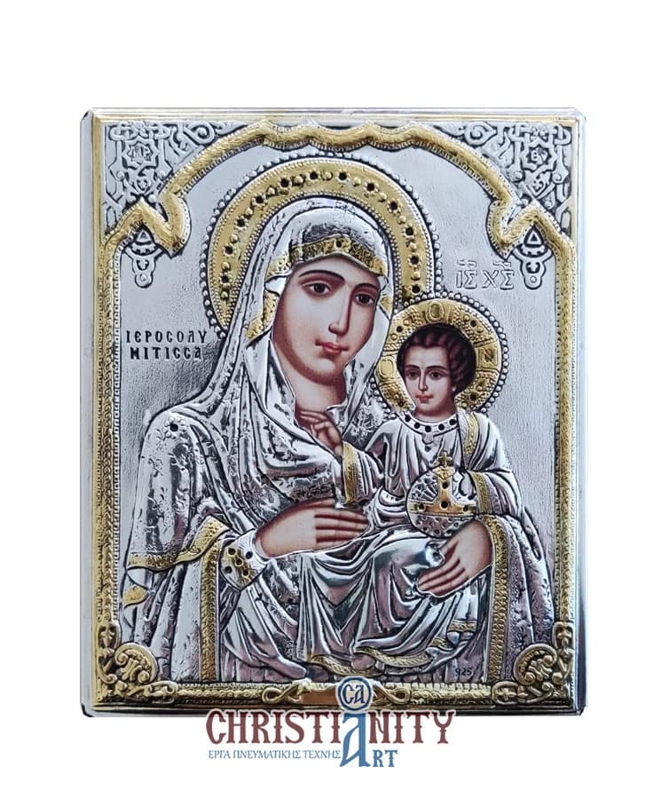 Virgin Mary Jerusalem - Silver image in wood, locally gilded - Mount Athos — Wall reliefs from Christianity Art