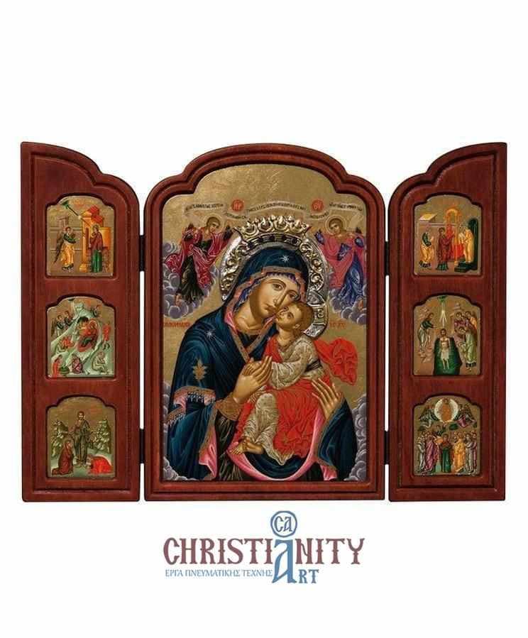 Virgin Mary Gliofilousa - Old wooden icon triptych with silver halo locally gilded - Mount Athos — Paintings from Christianity Art
