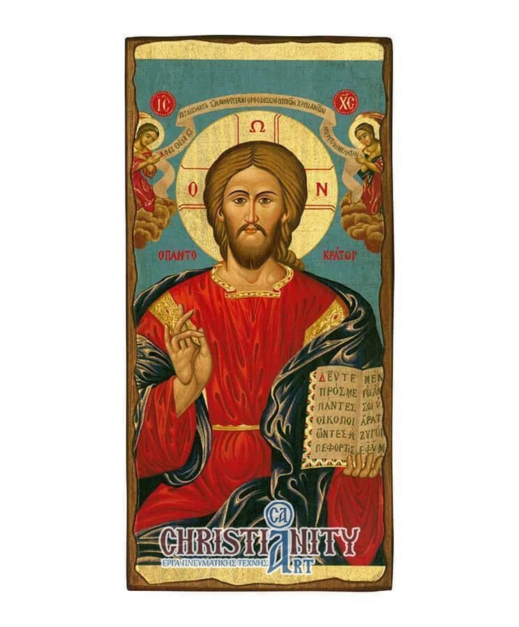 Christ Almighty - Wooden aged image on canvas with golden background - Mount Athos — Paintings from Christianity Art