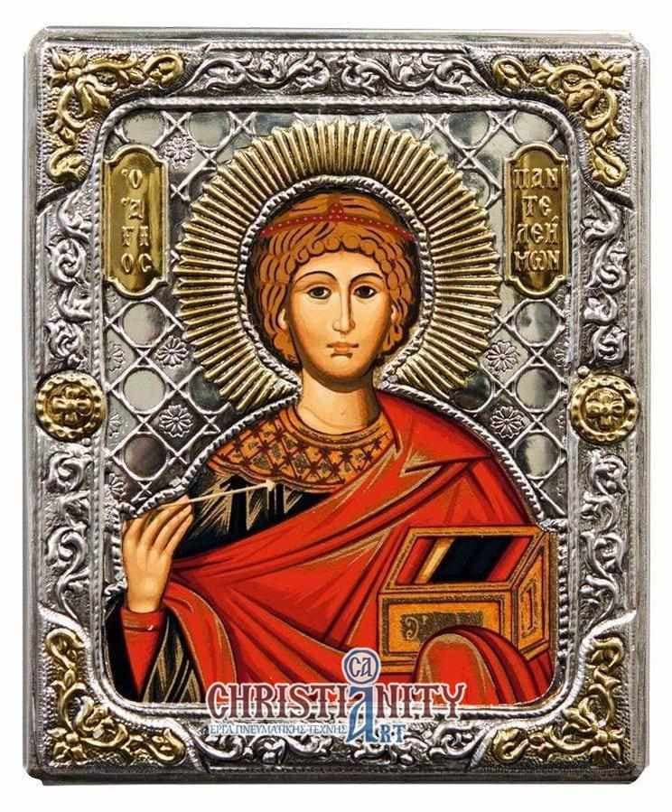 Saint Panteleimons - Silver image on wood, locally gold plated - Mount Athos — Wall reliefs from Christianity Art