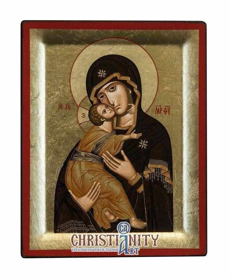 Virgin Mary Vladimir - Engraved wooden image on canvas with golden background - Mount Athos — Paintings from Christianity Art