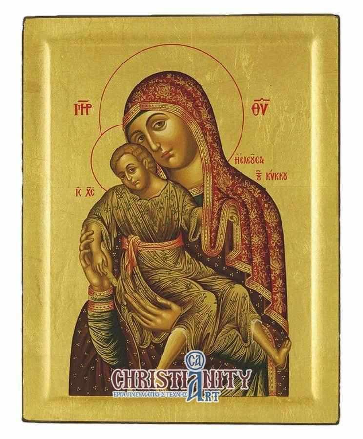 Virgin Mary Theotokos Elousa - Engraved wooden image on canvas with golden background - Mount Athos — Paintings from Christianity Art