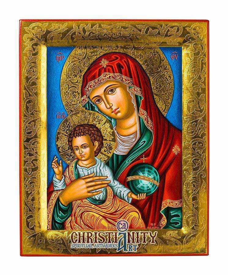 Virgin Mary Babykratesa - Stylvoti 100% handmade image on canvas with gold background 24 carats in specially processed wood - Mount Athos — Paintings from Christianity Art