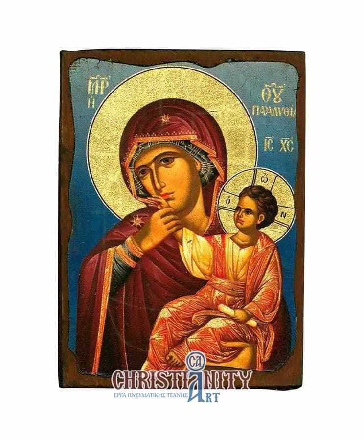 Virgin Mary Paramythia - Wooden aged image on canvas with golden background - Mount Athos — Paintings from Christianity Art