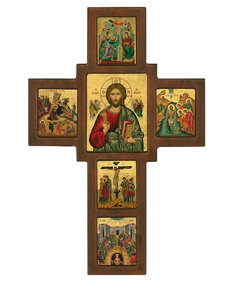 Wooden Cross of Blessing with Picture of Christ Almighty and Scenes from His Life β Wall reliefs from Christianity Art