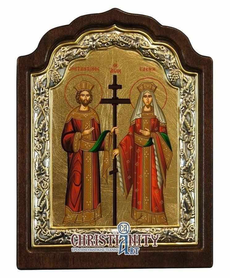 Saint Constantine and Saint Helen - Silver icon on wood, locally gilded - Mount Athos — Wall reliefs from Christianity Art