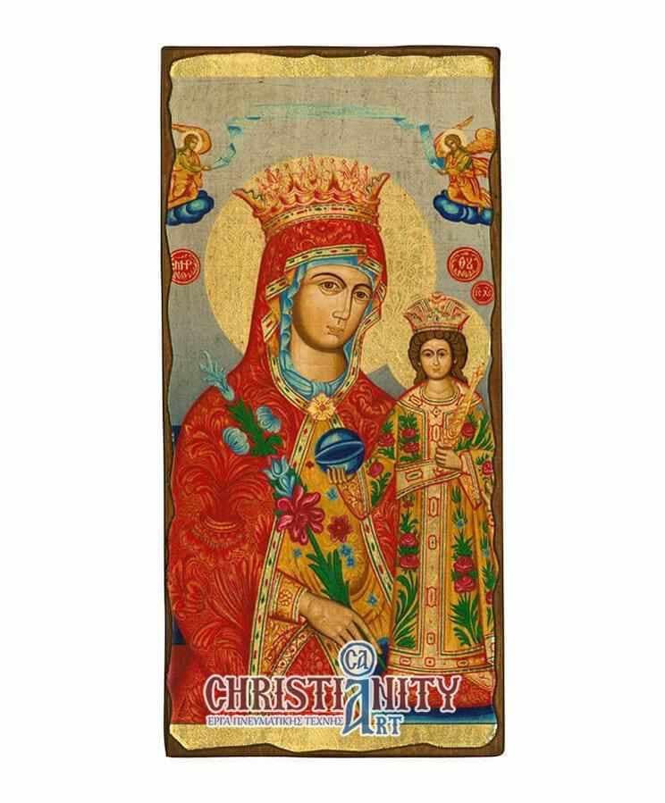 Virgin Mary of Rods - Wooden aged image on canvas with golden background - Mount Athos — Paintings from Christianity Art