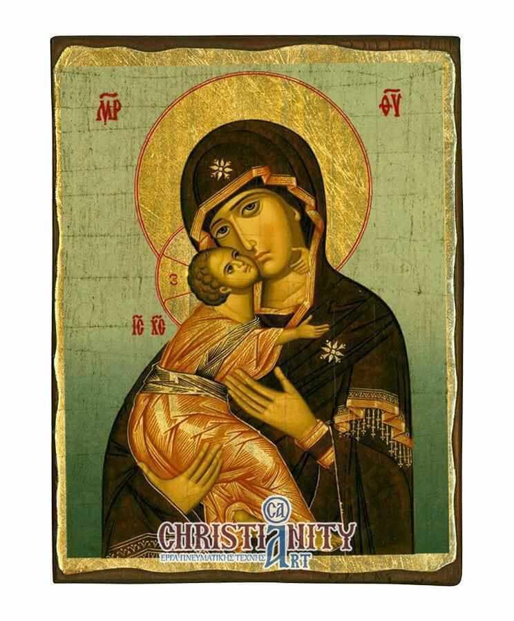 Virgin Mary Vladimir - Wooden aged image on canvas with golden background - Mount Athos — Paintings from Christianity Art