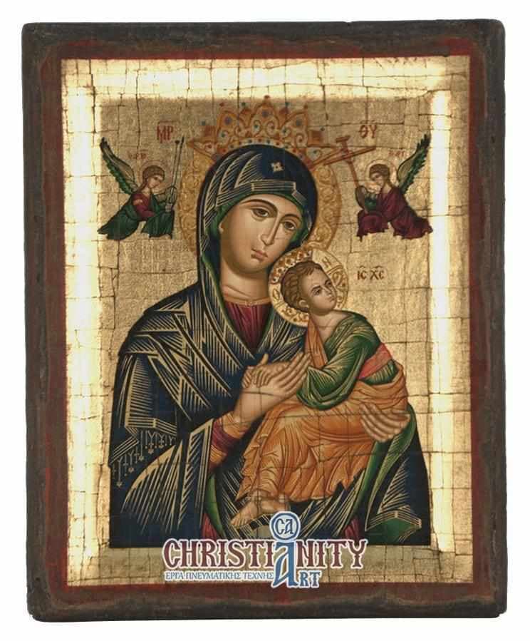 Virgin Mary Permanent Help - Engraved wooden aged image on canvas with golden background - Mount Athos — Paintings from Christianity Art