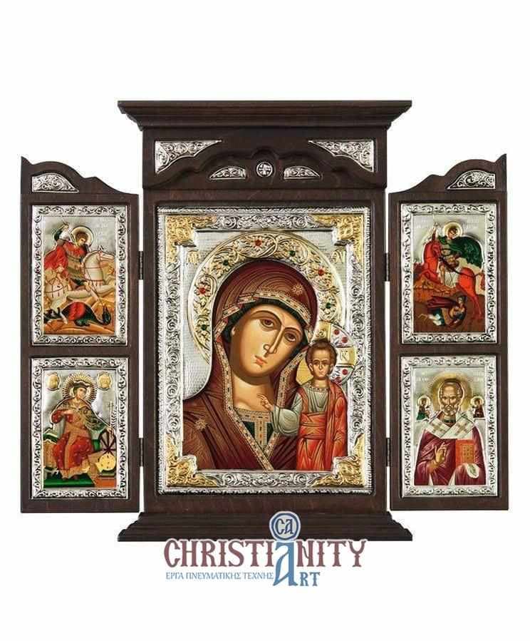 Our Lady of Kazan - Silver icon triptych in wood, locally gilded - Mount Athos — Wall reliefs from Christianity Art