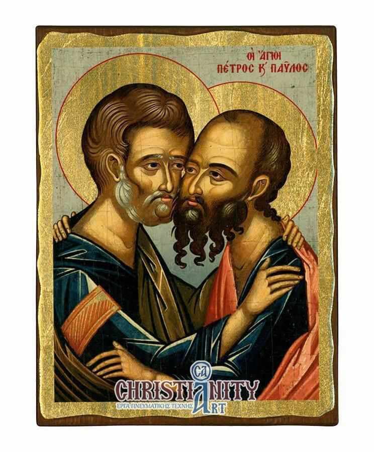 Saints Peter and Paul - Aged wooden image on canvas with gold background - Mount Athos — Paintings from Christianity Art