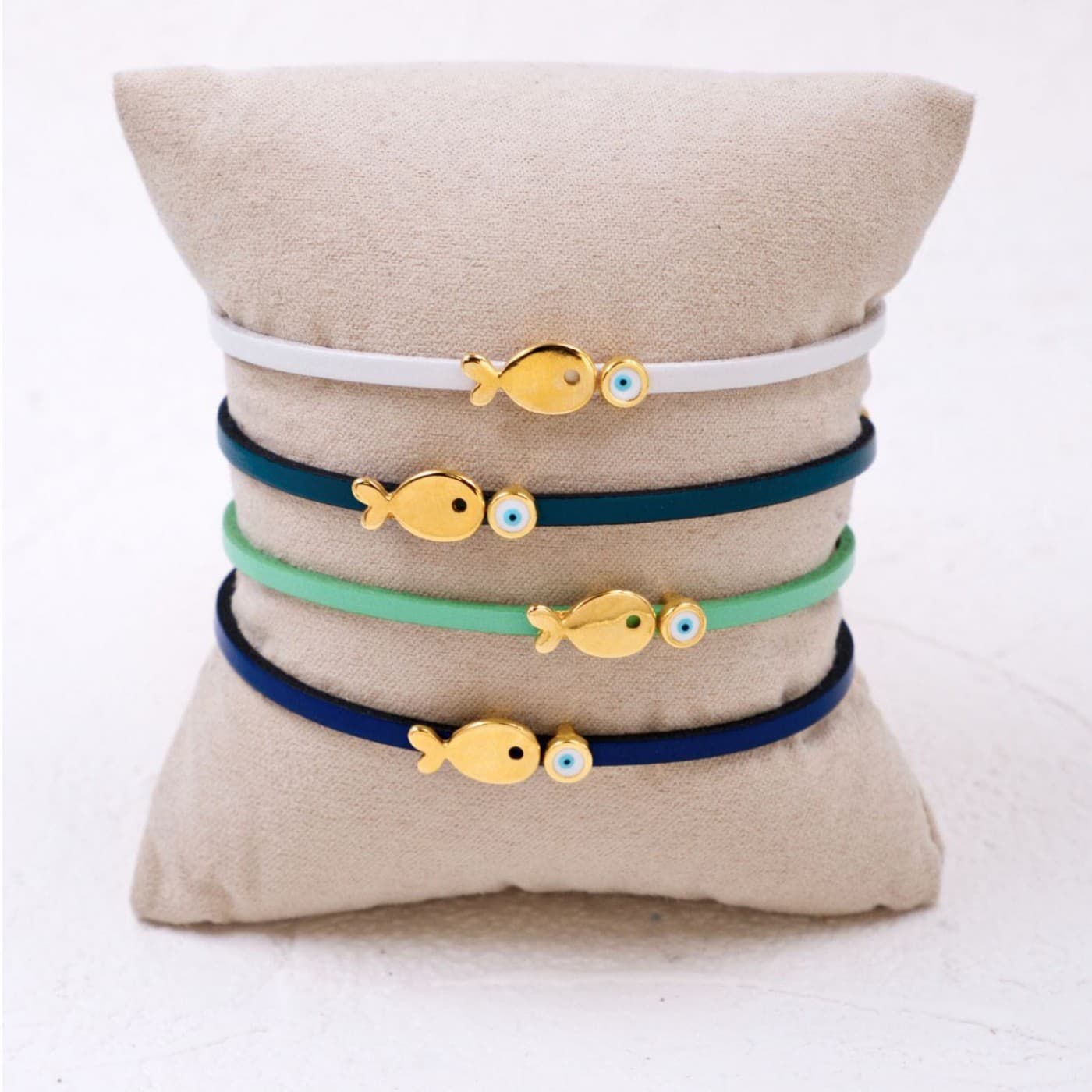 Handcrafted Leather Bracelet | Gold-plated Fish & Evil Eye — Bracelets from Toolittle