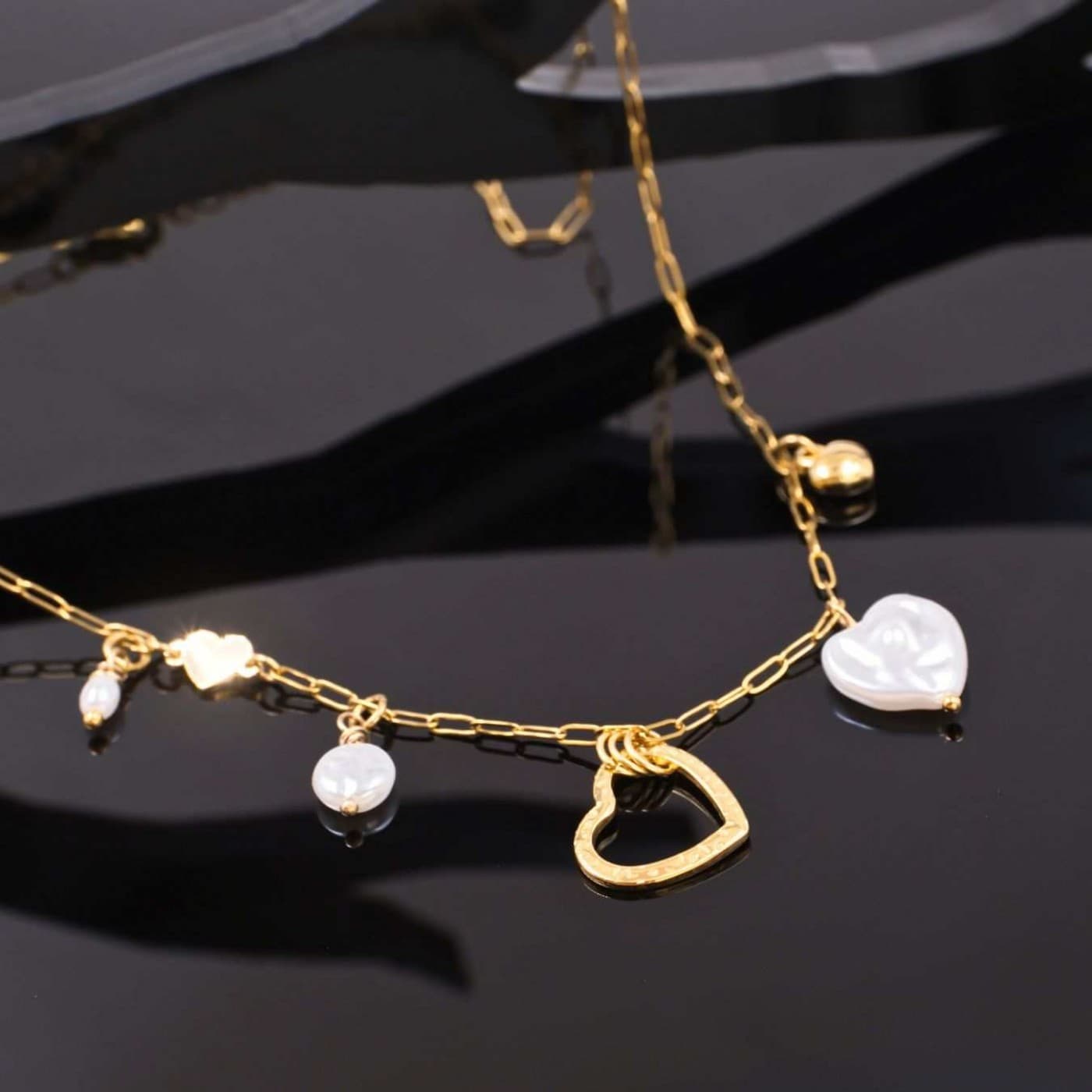 Steel Charms Necklace - Metal Heart & Mother of Pearl — Necklaces from Toolittle