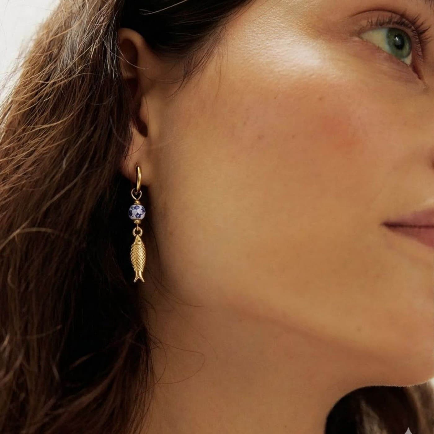 Gold-Plated Hoop Earrings with Fish Charm & Ceramic Stone — Earrings from Toolittle