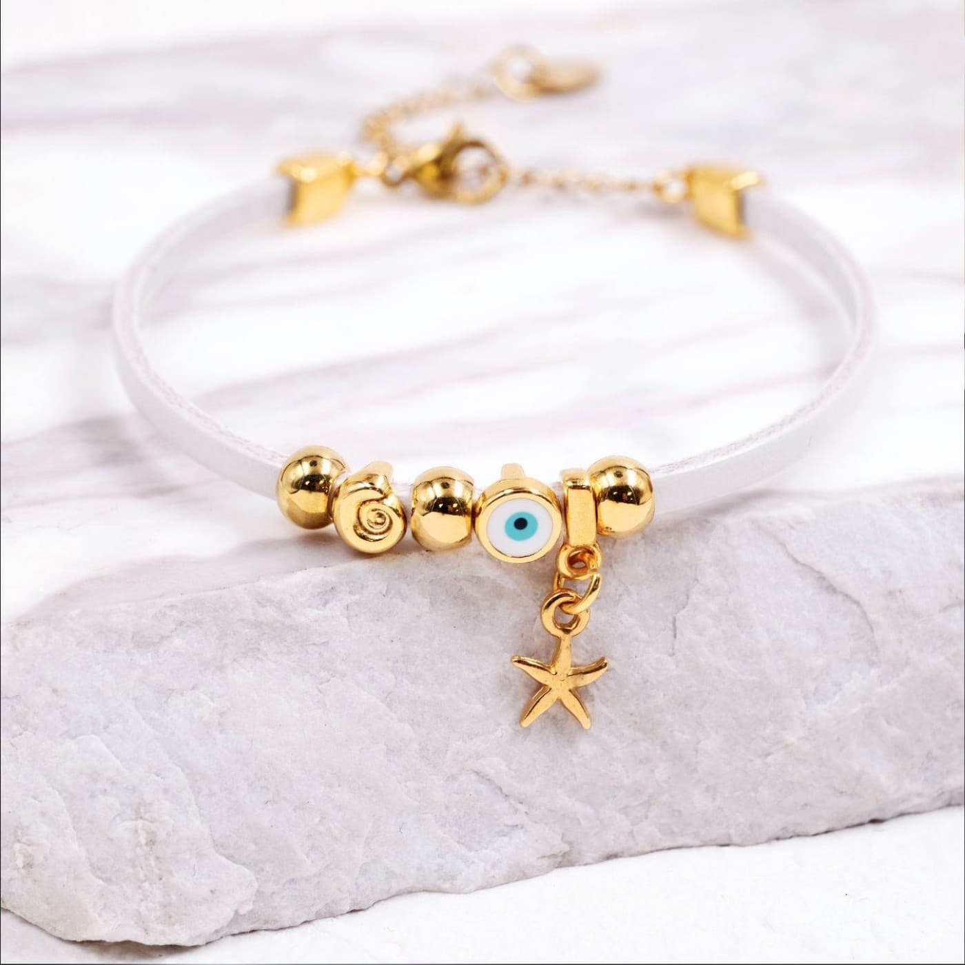 Leather Bracelet | Evil Eye & Metal Sea Charms - White — Bracelets from Toolittle