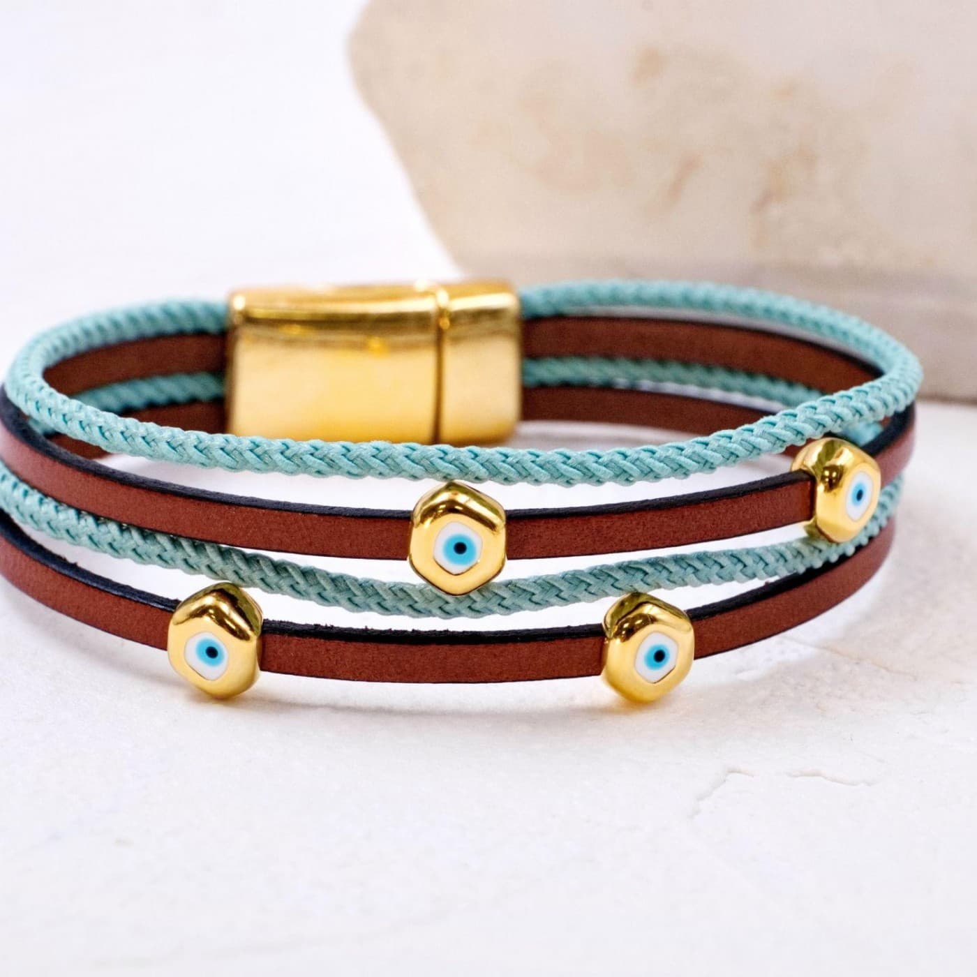 Pebble Evil Eyes Leather Bracelet — Bracelets from Toolittle