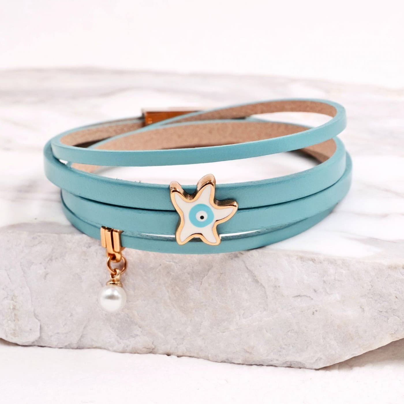 Leather Bracelet with Starfish & Pearl | Turquoise — Bracelets from Toolittle