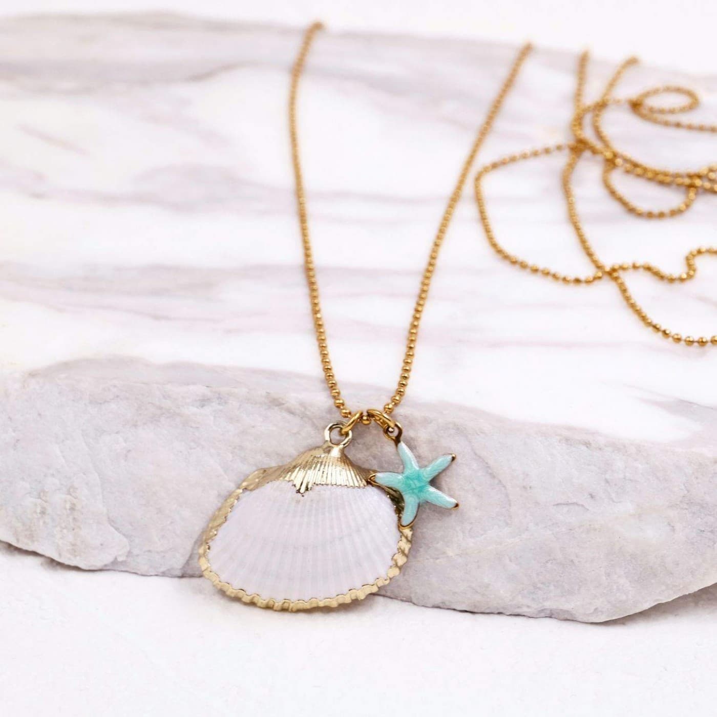 Gold-plated Long Necklace | Sea Shell & Enamelled Starfish — Necklaces from Toolittle