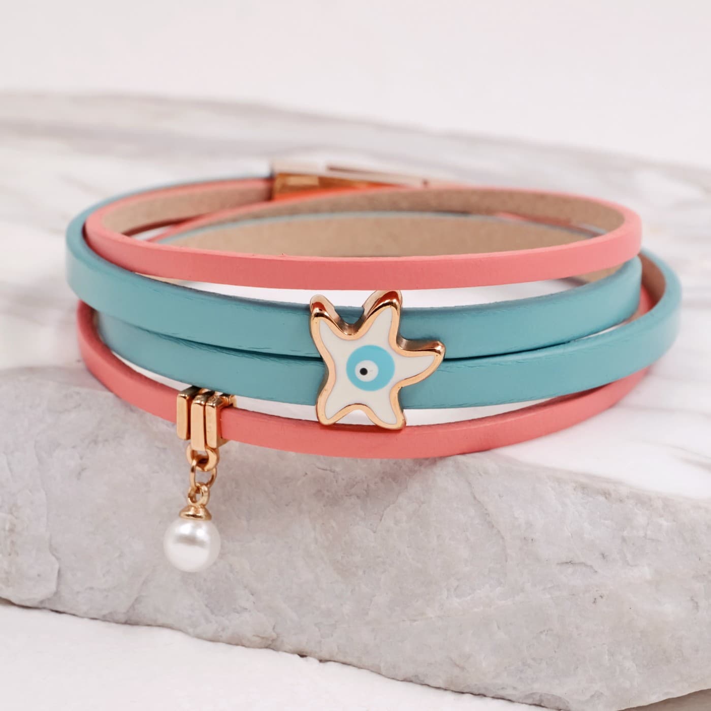 Leather Bracelet with Starfish & Pearl | Coral - Turquoise — Bracelets from Toolittle