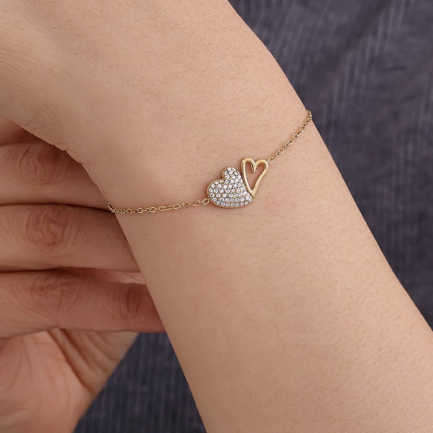 Two Hearts Bracelet - Stainless Steel & Rhinestones — Bracelets from Toolittle