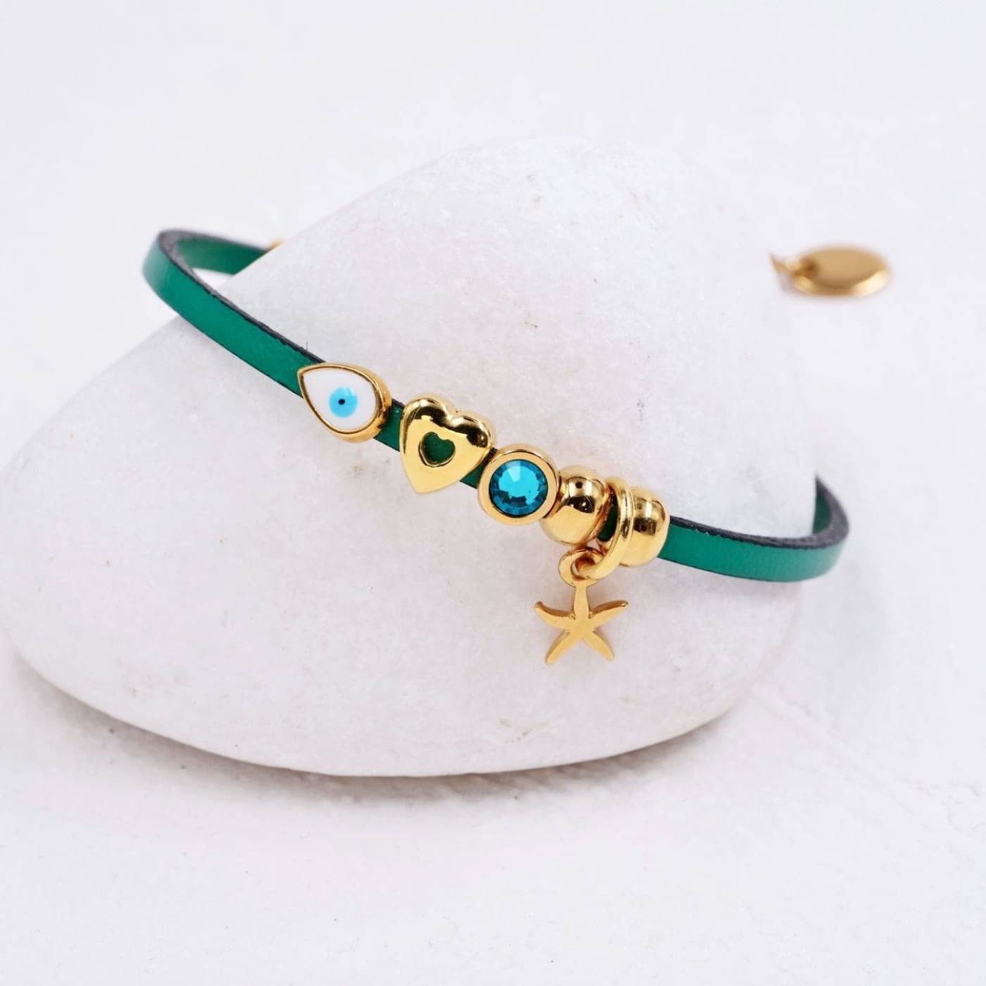 Leather Bracelet | Evil Eye Drop & Starfish - Green — Bracelets from Toolittle