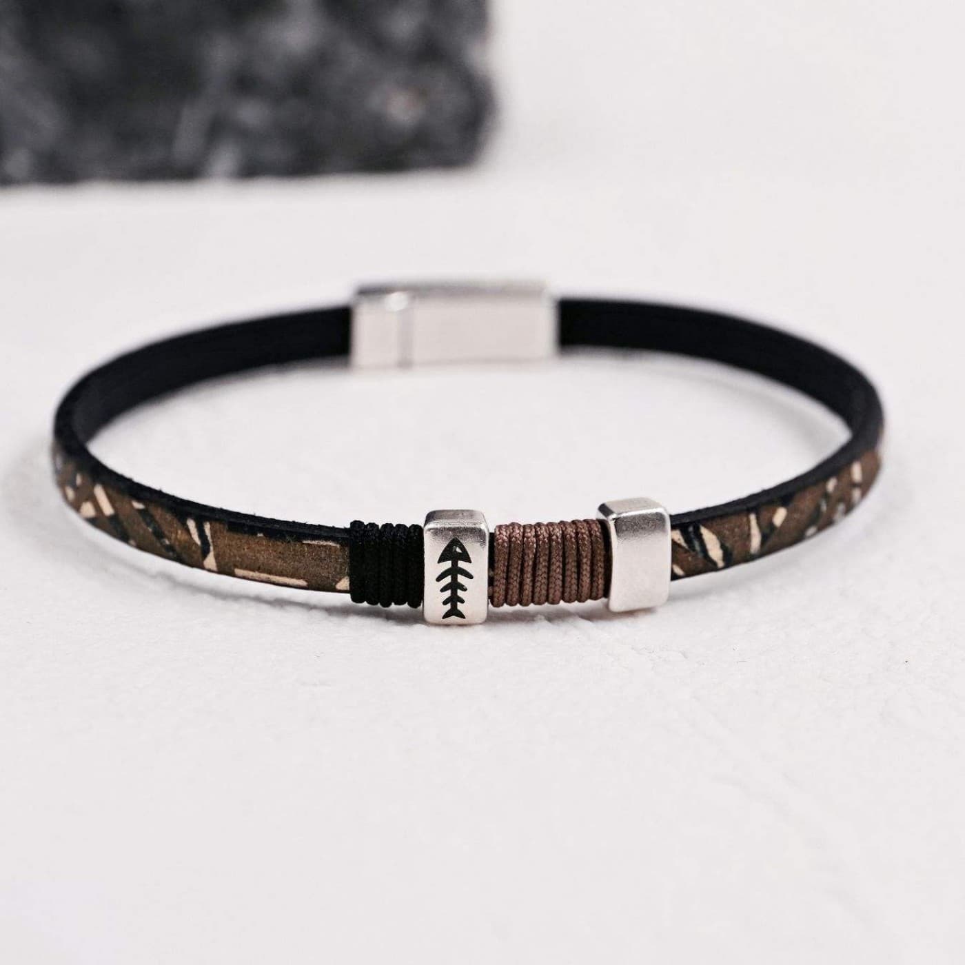 Fishbone Men's Bracelet | Engraved Leather — Bracelets from Toolittle