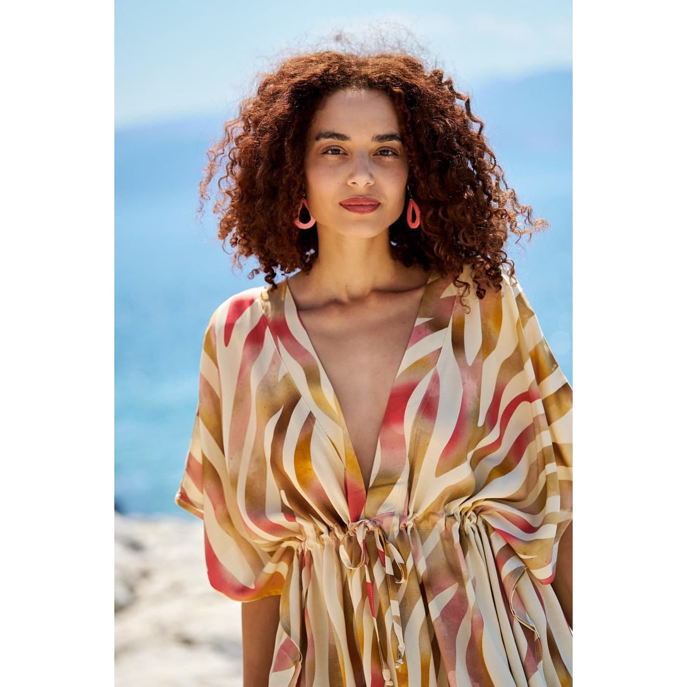 KOKKOSAMMOU Short caftan Paros with front tie — Dresses from Toolittle
