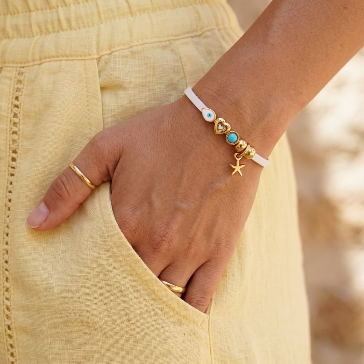 Leather Bracelet | Evil Eye Drop & Starfish - White — Bracelets from Toolittle