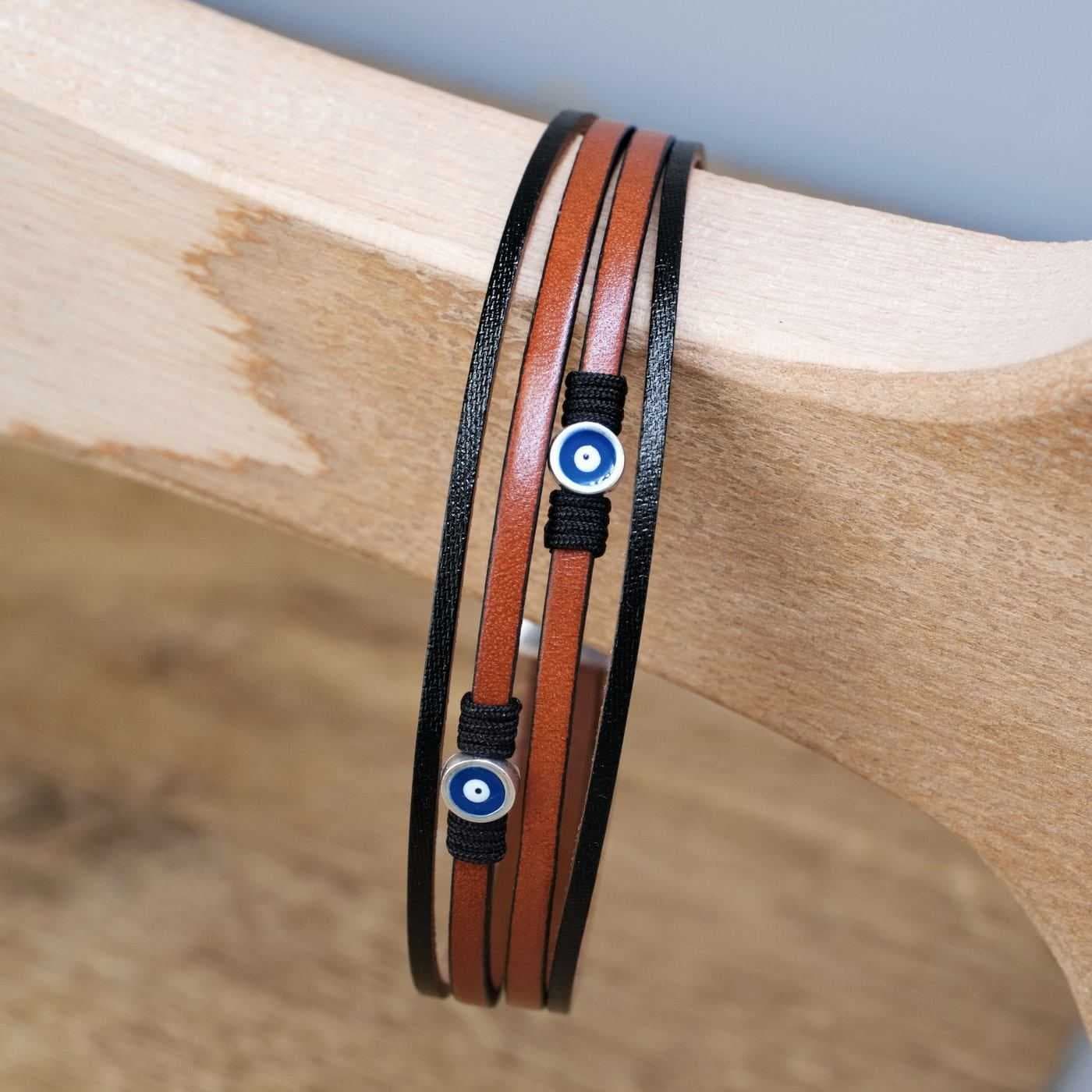 Leather Men's Bracelet with Evil Eyes — Bracelets from Toolittle