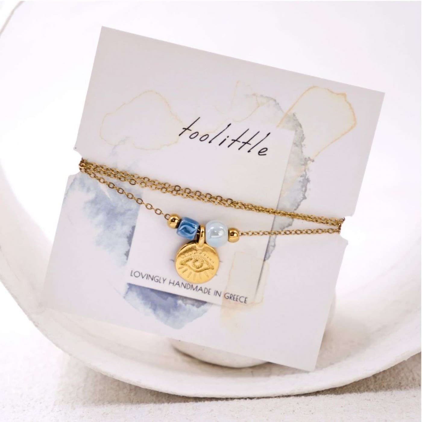 Handmade Gold-plated Necklace: Evil Eye & Ceramic Beads — Necklaces from Toolittle