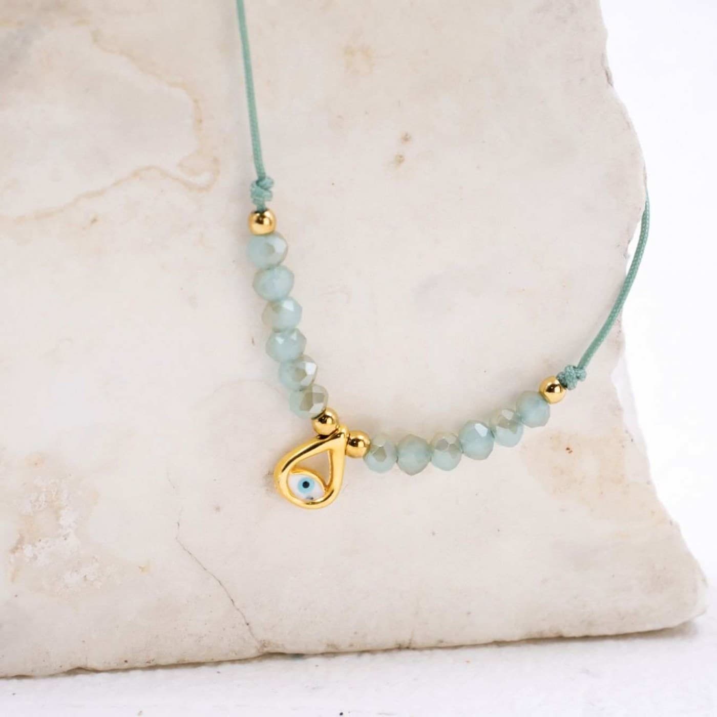 Macramé Bracelet with Gold-Plated Evil Eye & Crystals | Mint — Bracelets from Toolittle