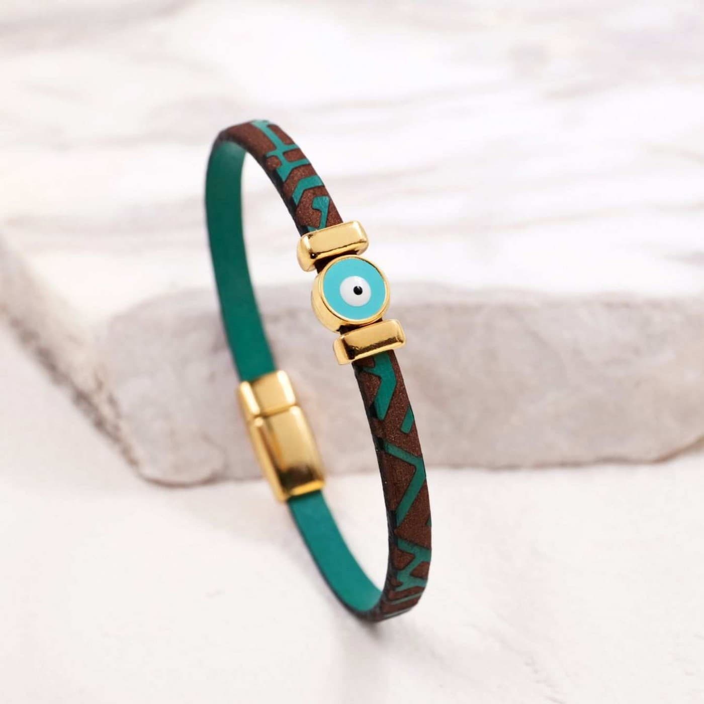 Women's Evil Eye Bracelet | Engraved Leather - Green — Bracelets from Toolittle