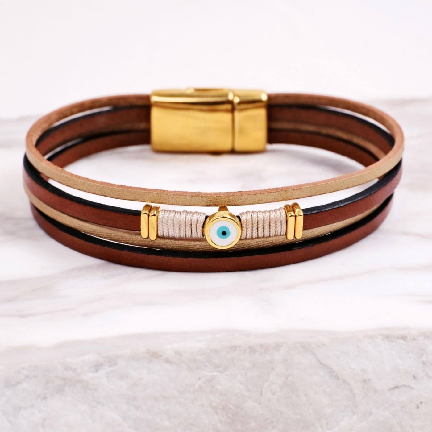 Brown Leather Bracelet | Enamel Evil Eye — Bracelets from Toolittle