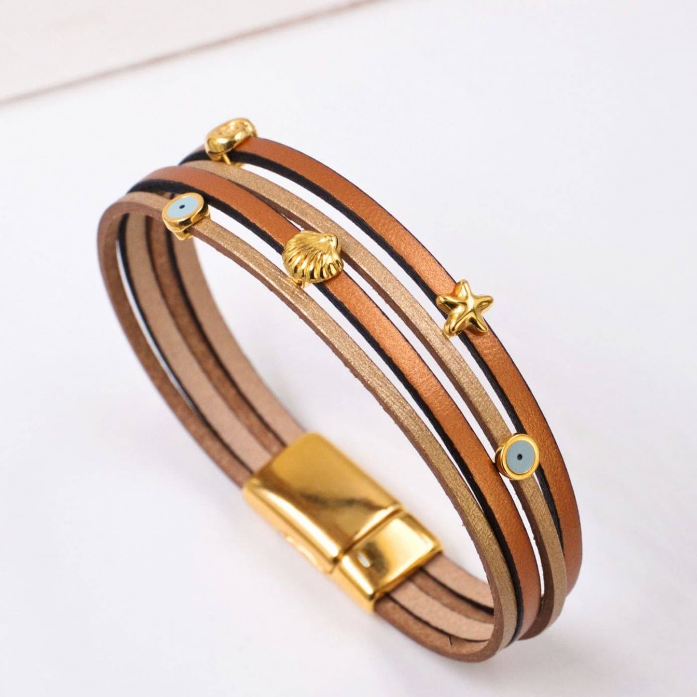 Leather Bracelet with Sea Parts & Evil Eye | Brown — Bracelets from Toolittle