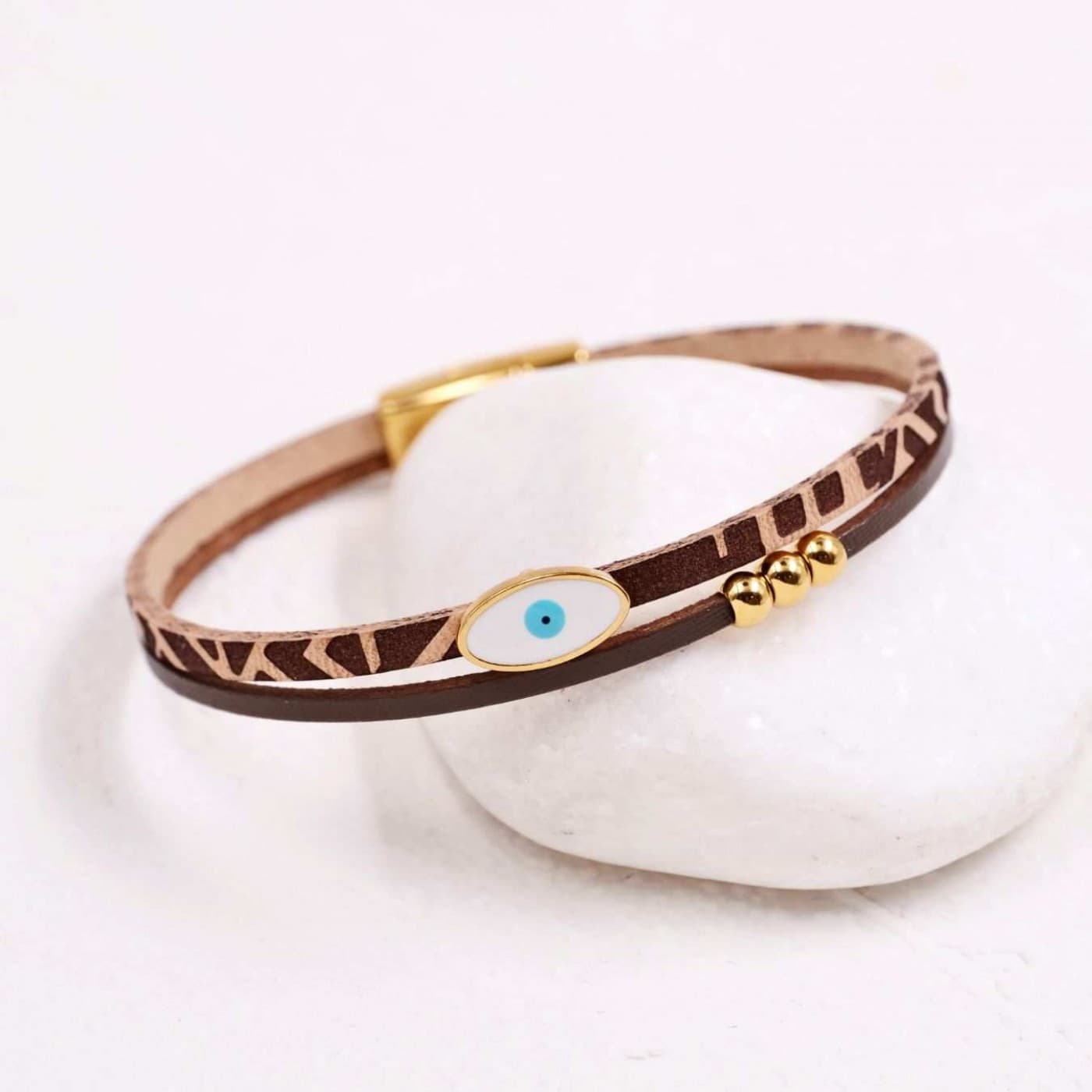 Enamel Evil Eye Bracelet | Leather - Brown — Bracelets from Toolittle