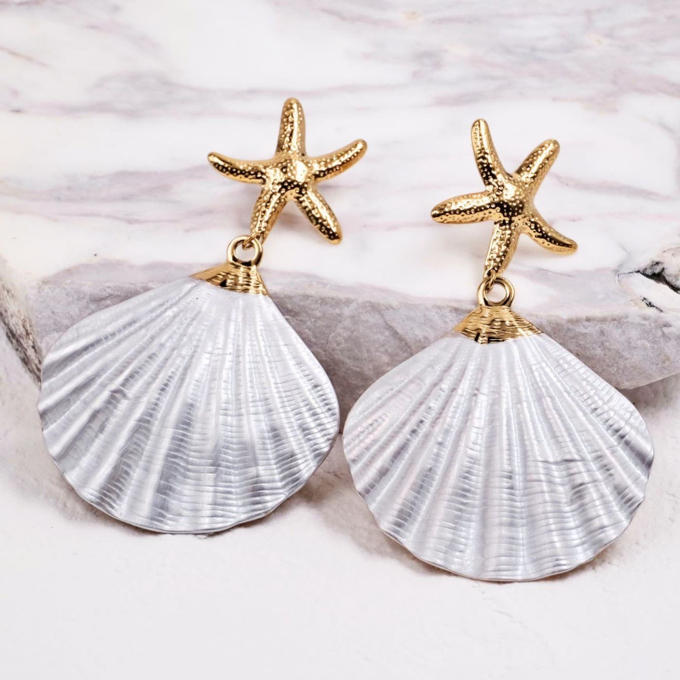 Stainless Steel Earrings – Starfish & Natural Sea Shell — Earrings from Toolittle
