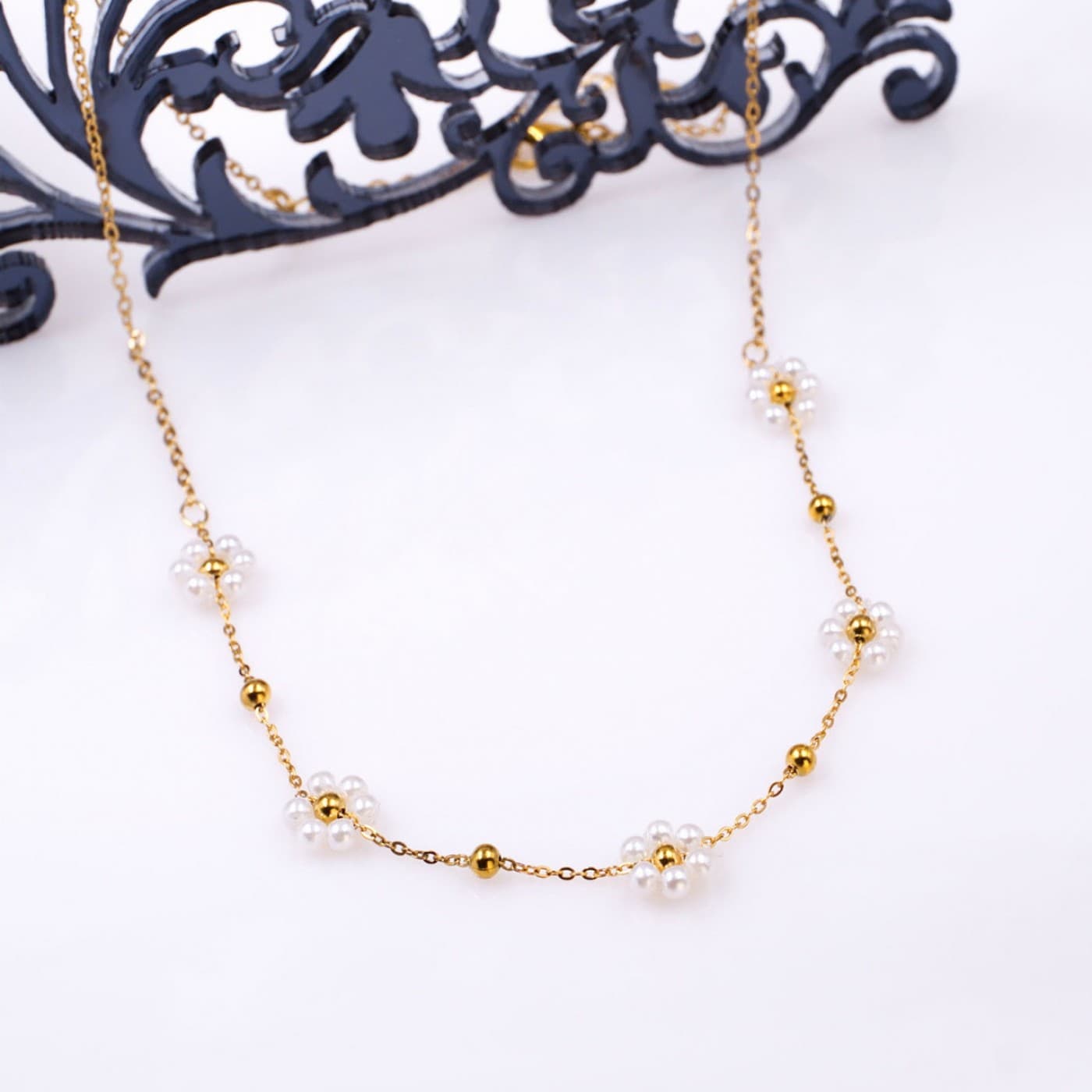 Steel Gold-plated Necklace- Pearl Flower — Necklaces from Toolittle