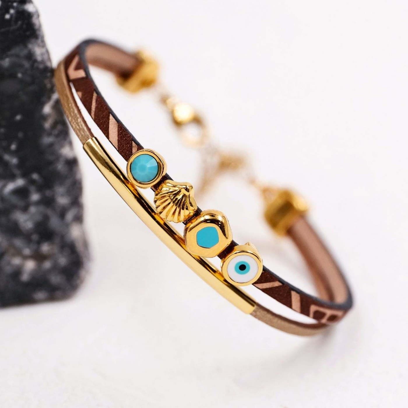 Engraved Leather Bracelet | Sea Shell & Enamelled Evil Eye — Bracelets from Toolittle