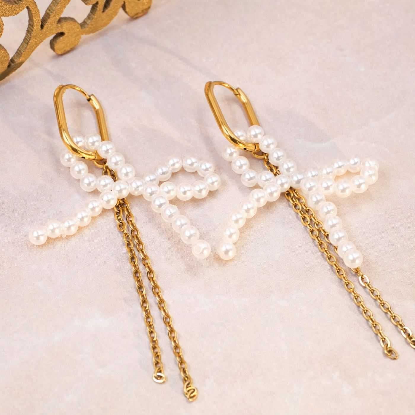 Pearl Bow Inox Chain Earrings — Earrings from Toolittle