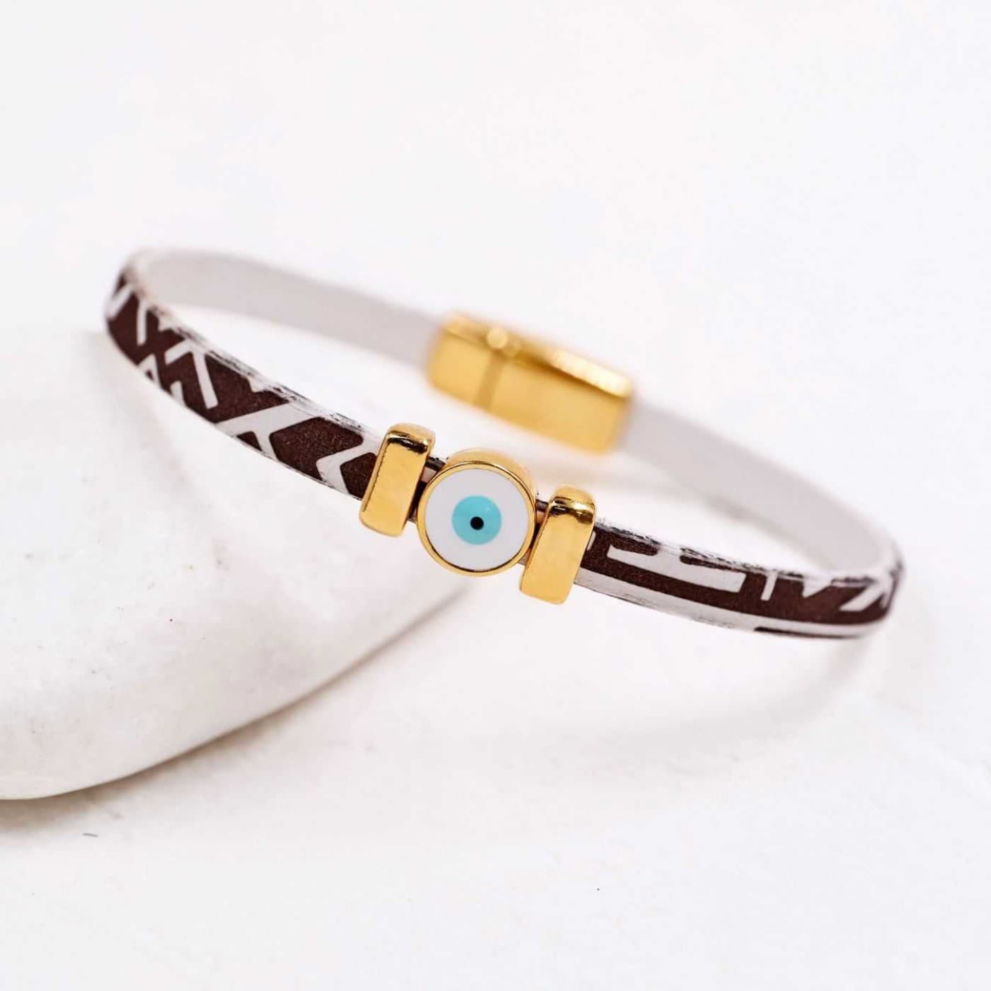 Evil Eye Bracelet | Engraved Leather - White Brown — Bracelets from Toolittle