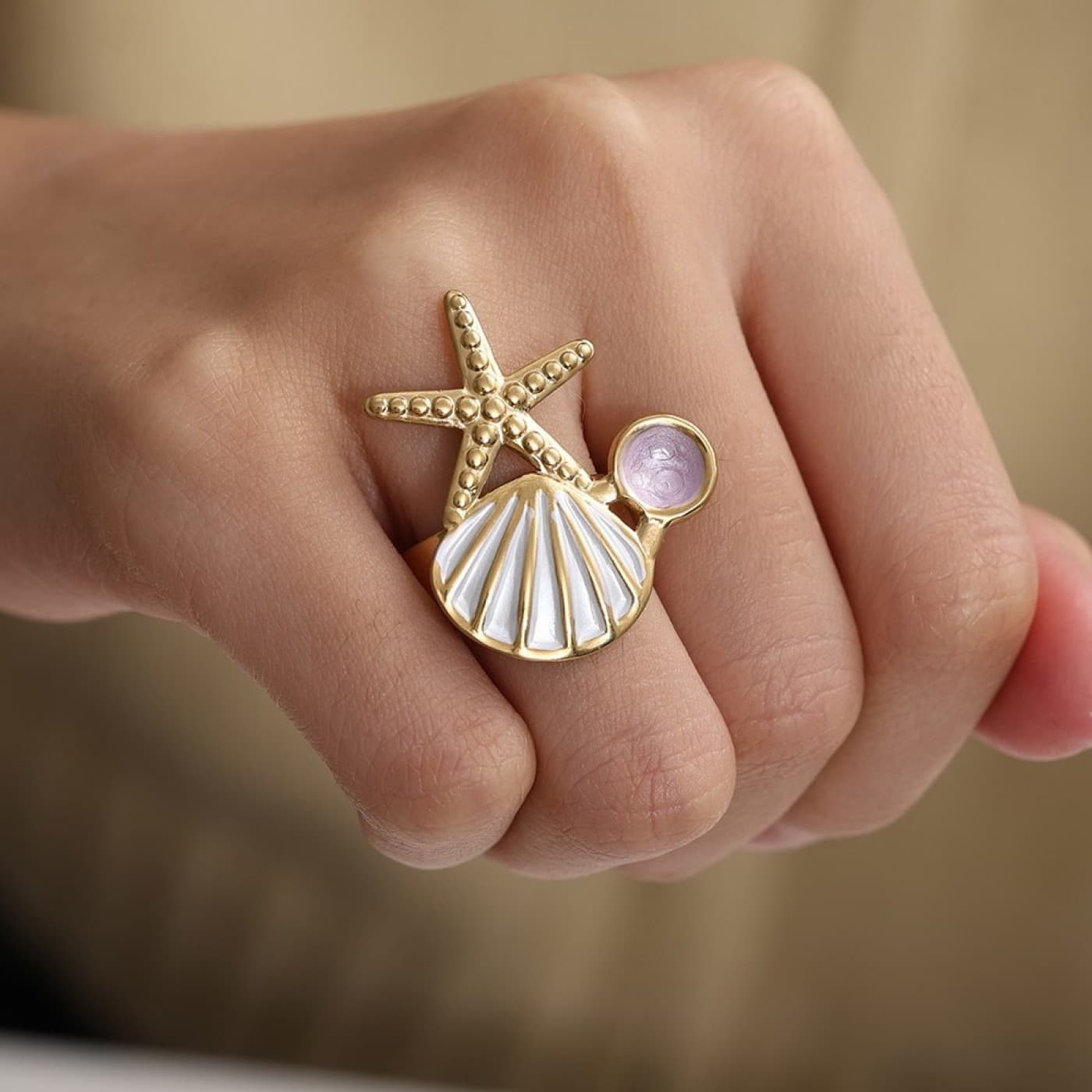 Gold-Plated Ring - Starfish & Enamelled Sea Shell — Rings from Toolittle