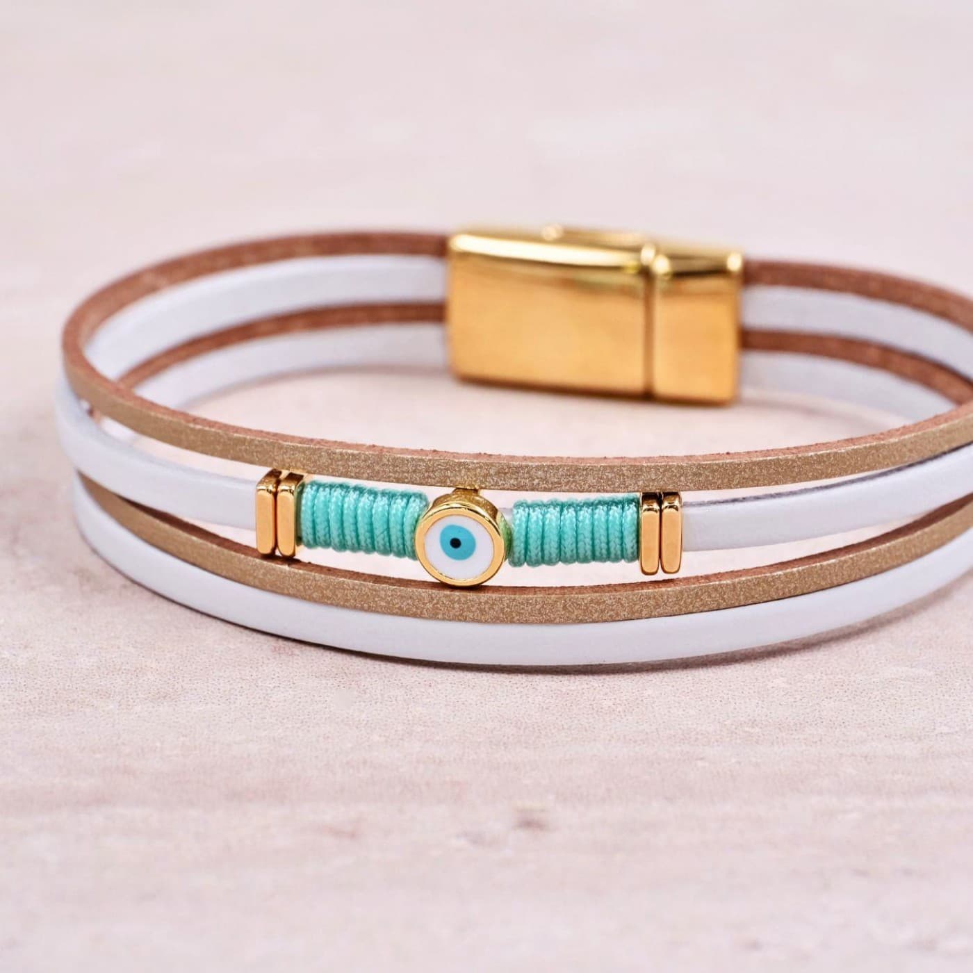 Bronze-White Leather Bracelet | Enamel Evil Eye — Bracelets from Toolittle