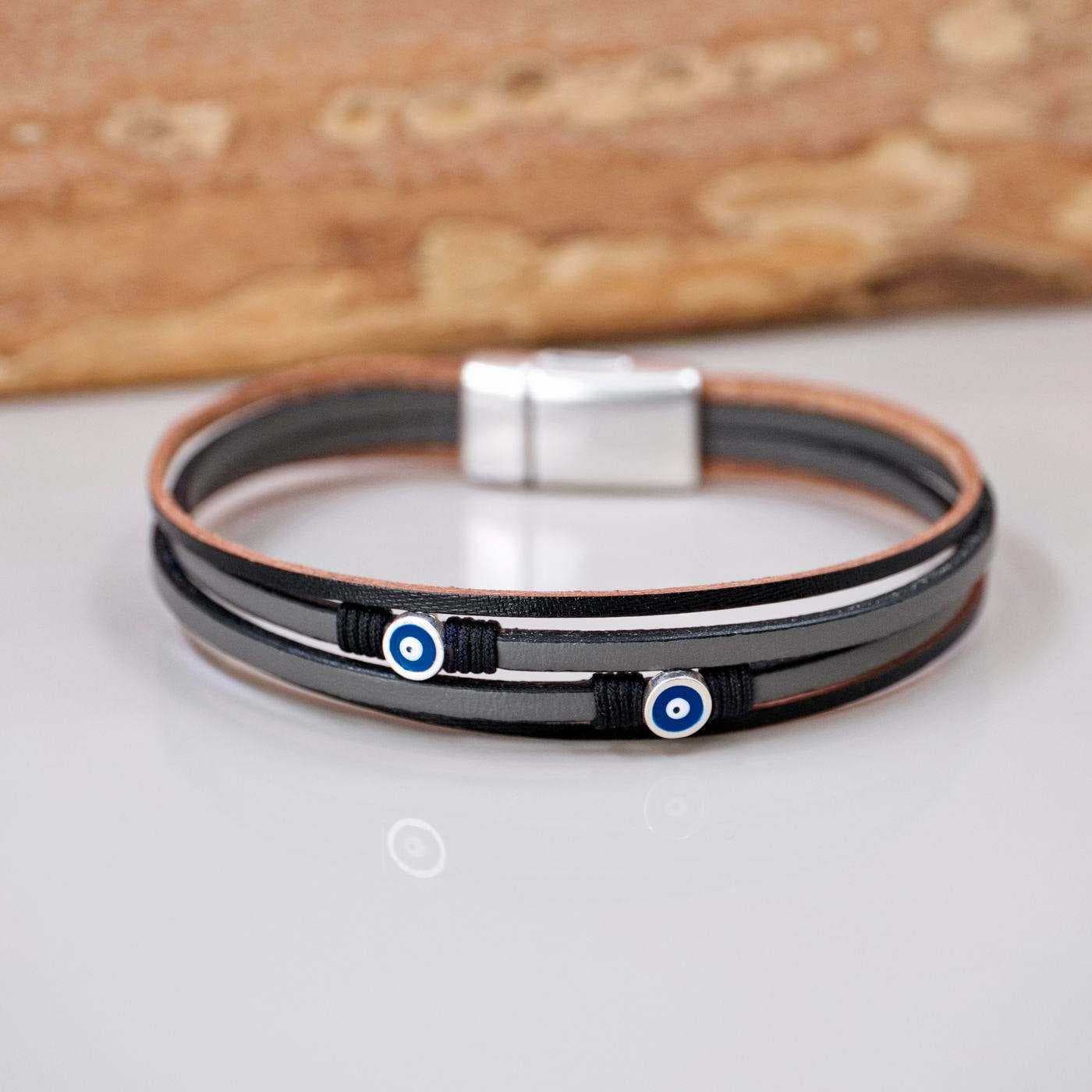 Leather Men's Bracelet with Evil Eyes — Bracelets from Toolittle