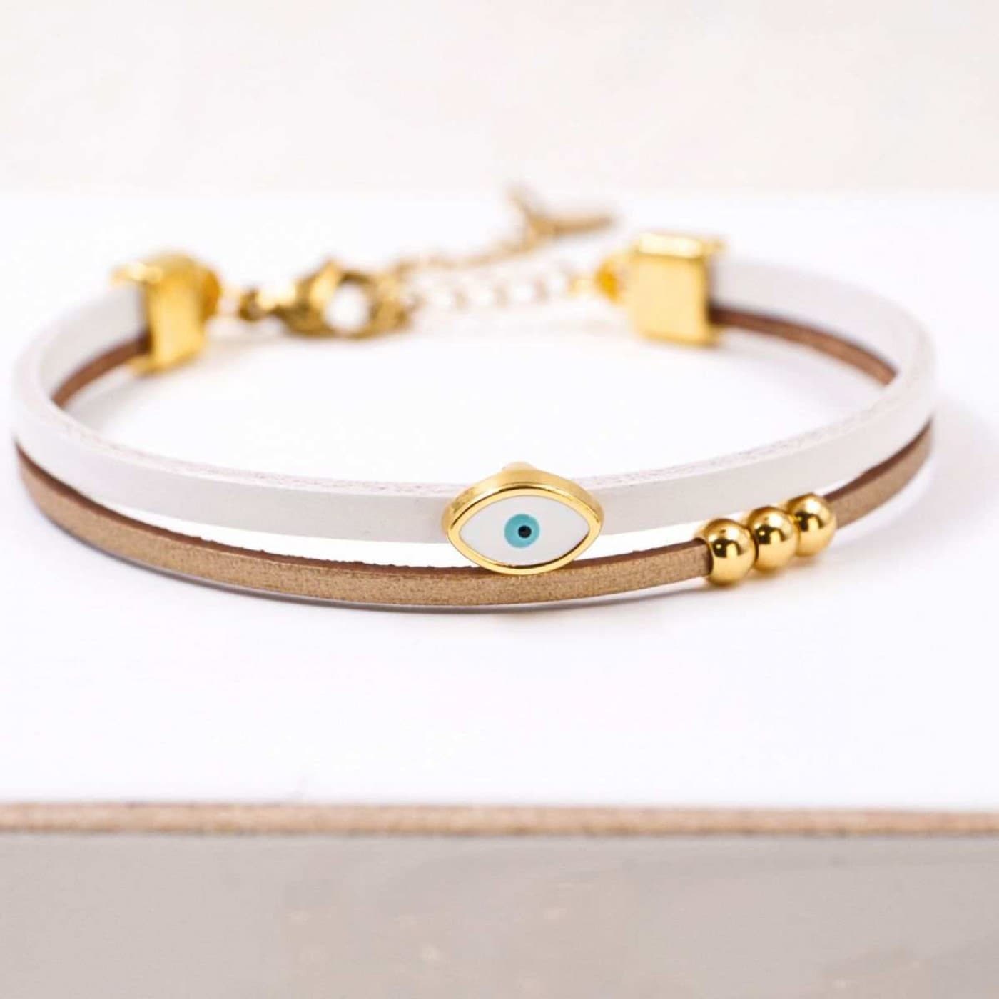 Handcrafted Leather Bracelet with Gold-Plated Enamel Evil Eye — Bracelets from Toolittle