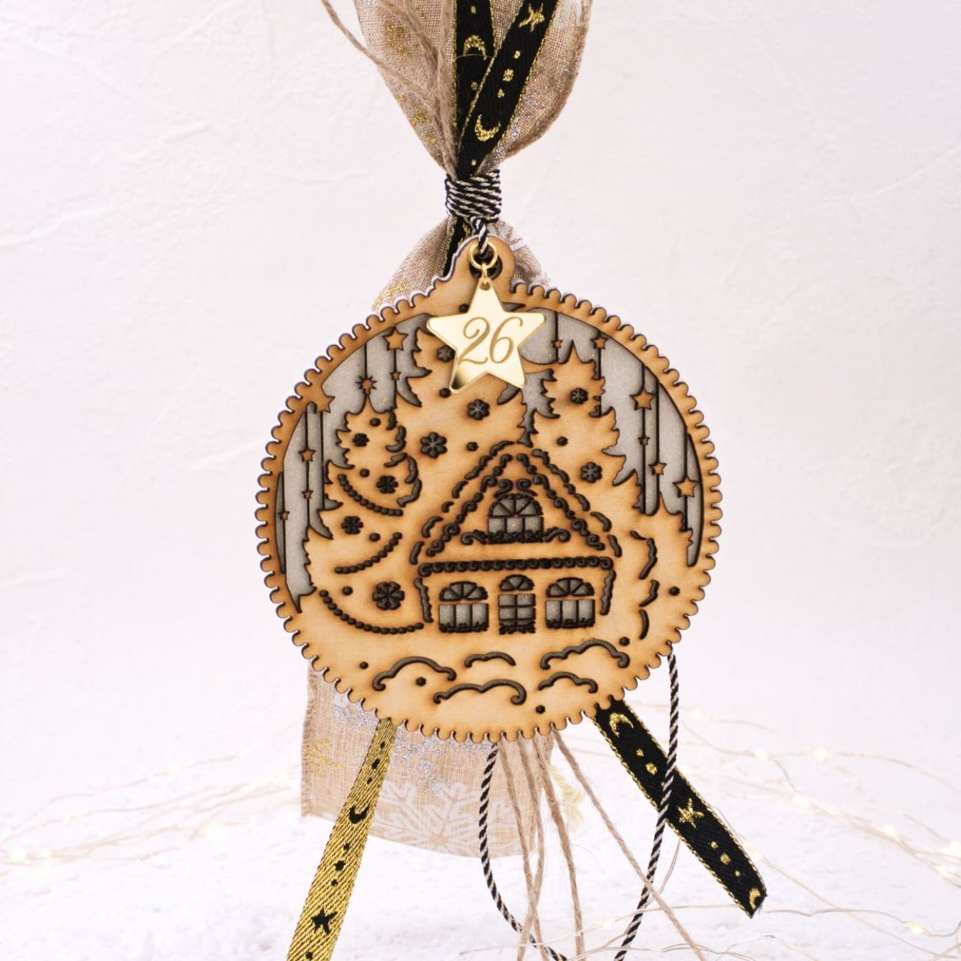 Handmade 2026 Lucky Charm – Wooden Disc with Christmas House — Pendants & charms from Toolittle