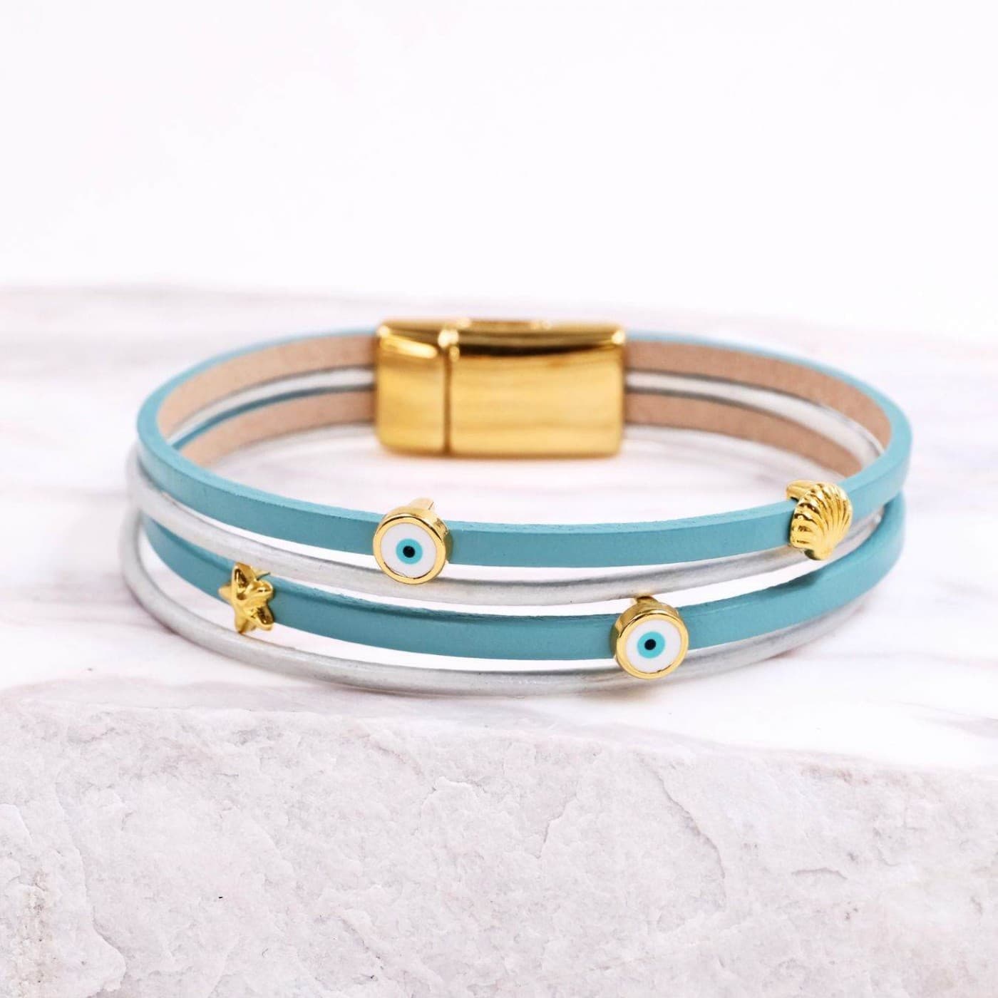 Leather Bracelet with Sea Parts & Evil Eye | Turquoise — Bracelets from Toolittle